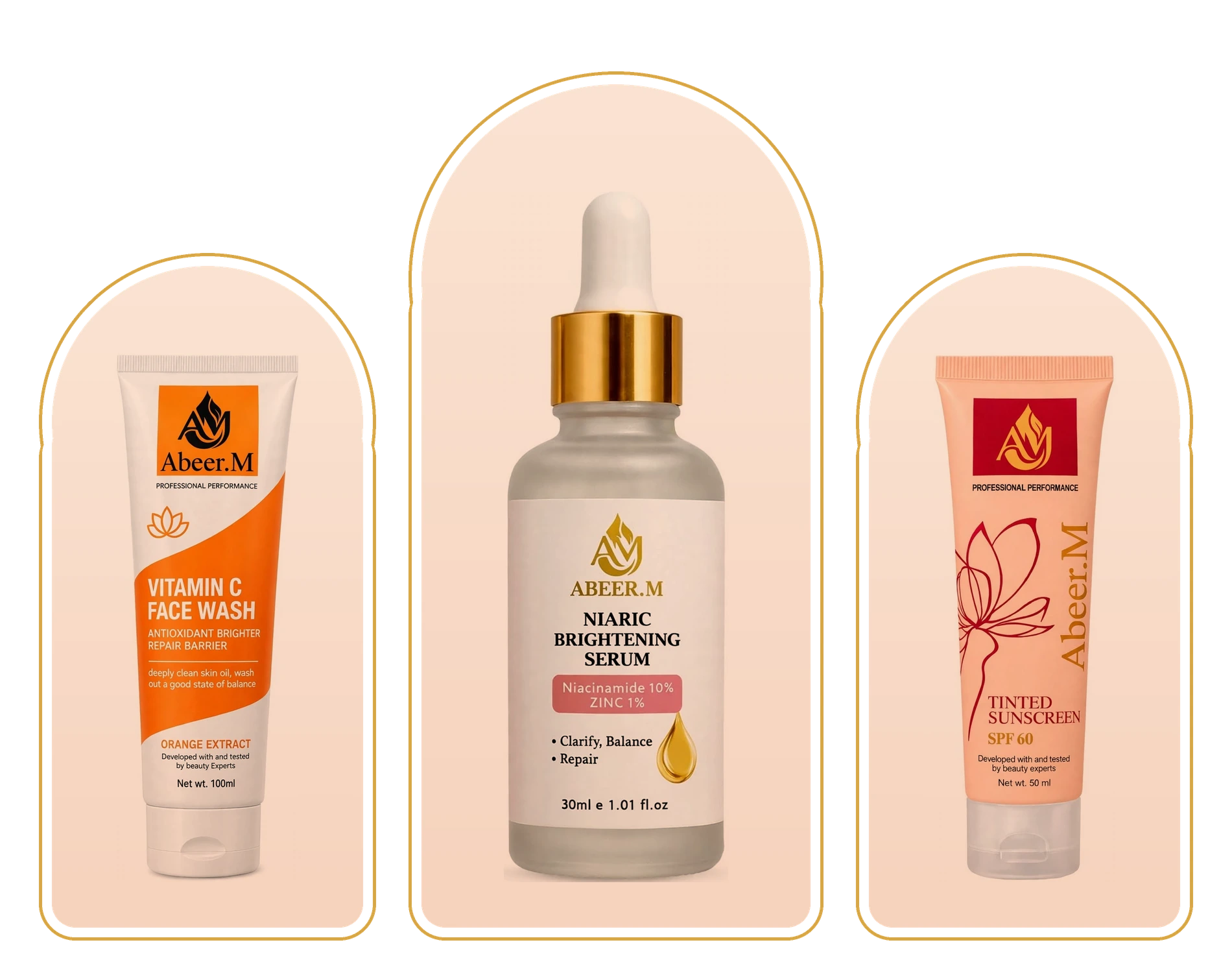 Abeer.M Vitamin C face wash, Niaric serum and tinted sunscreen